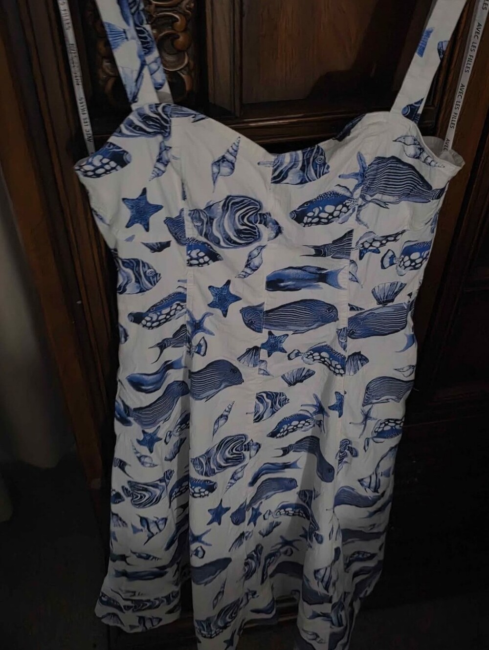 Avec Les Filles White Dress with Blue Sea Life, Beach, Nautical Print.